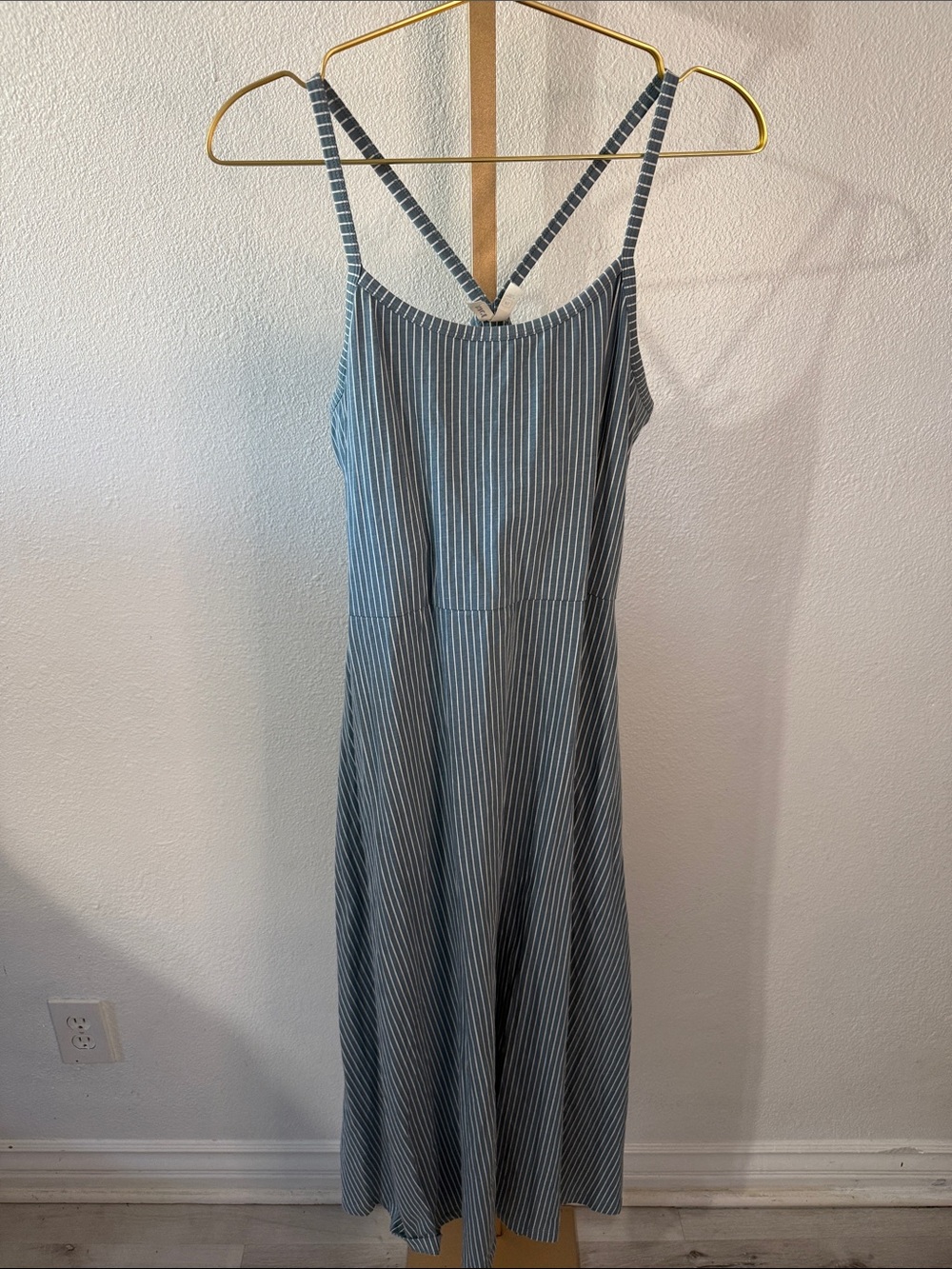 PACT- Blue and White Striped Midi Dress with Crisscross Straps- XL